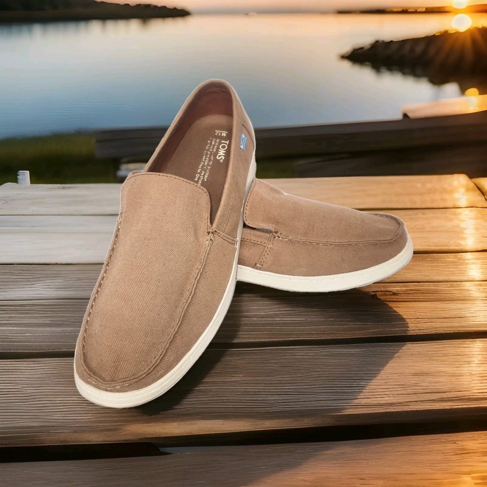 TOMS Low Side Loafer Mens 12M Tan Brown Cotton Canvas Slip On Shoe Round Toe